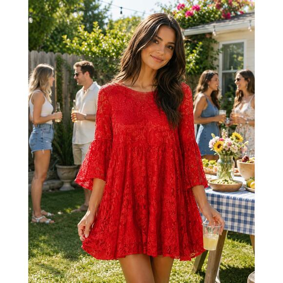 Free People Dresses & Skirts - Free People Le Fleur Floral Lace Mini Dress Size S Red Boho Romantic